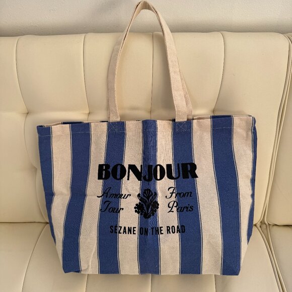 Sezane limited edition summer Bonjour amour tour tote bag, blue stripes, NWOT - Picture 1 of 3